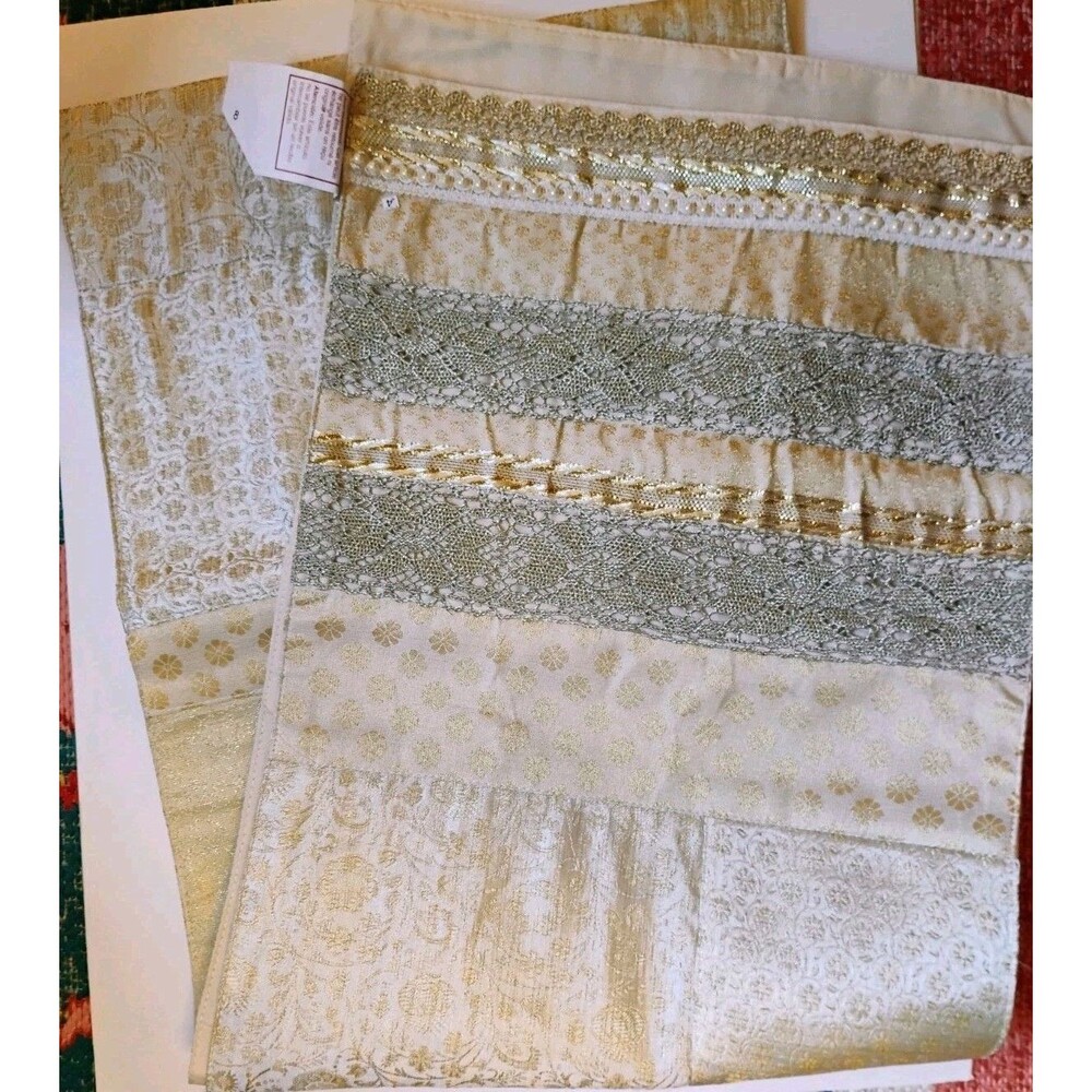 Pier 1 Import Gold Metallic Patchwork Table Runner Holiday Lace Trim Pearl 13x72
